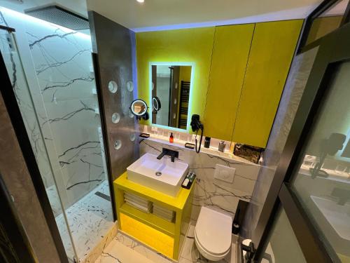 ein Bad mit einem Waschbecken und einem Spiegel in der Unterkunft Appartement Flandre in Paris
