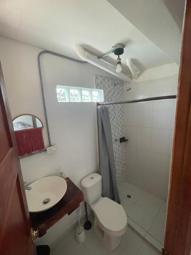 a bathroom with a toilet and a sink and a shower at Suite Casa PALUM Studio Apartment in Palomino
