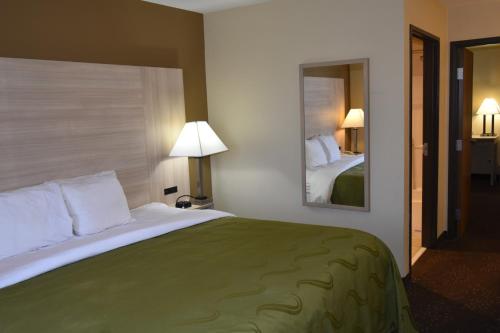 a hotel room with a large bed and a mirror at Quality Inn & Suites Brooks Louisville South in Brooks