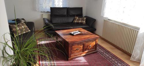 a living room with a couch and a coffee table at Wörnitz Haus mit 3 Schlafzimmern in Oettingen in Bayern