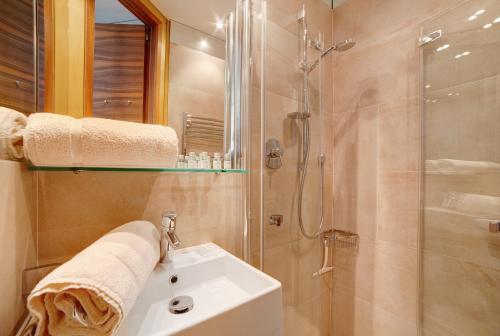 Un baño con ducha y lavabo blanco. en Villa Alvarium Eins, en Scena