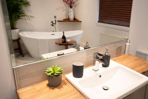 a bathroom with a sink and a mirror and a tub at The Wilds - Seasgair Lodges in Kingussie