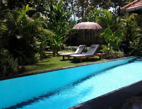 a swimming pool with two lounge chairs and an umbrella at Villa Jati - Private Poolside Villa Central Lovina in Lovina