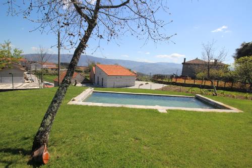 a swimming pool in a yard with a tree at Casas do Campo da Moita in Baião