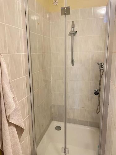 um chuveiro com uma porta de vidro na casa de banho em Einzimmerwohnung + Dusche und WC em Berlim