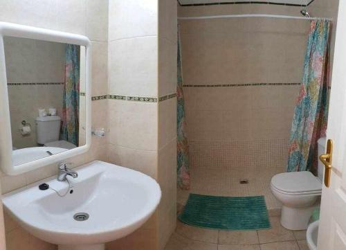 La salle de bains est pourvue d'un lavabo, de toilettes et d'un miroir. dans l'établissement Apartamento Jarmar Puerto Santiago, à Puerto de Santiago