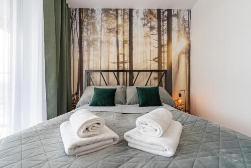 ein Schlafzimmer mit einem Bett mit Handtüchern darauf in der Unterkunft Apartament Mglisty Poranek - Laguna Beskidów - Dream Apart in Zarzecze