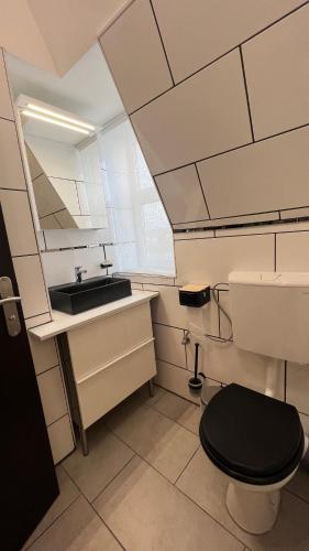 a bathroom with a toilet and a sink at Pension Chevermeto in Chemnitz