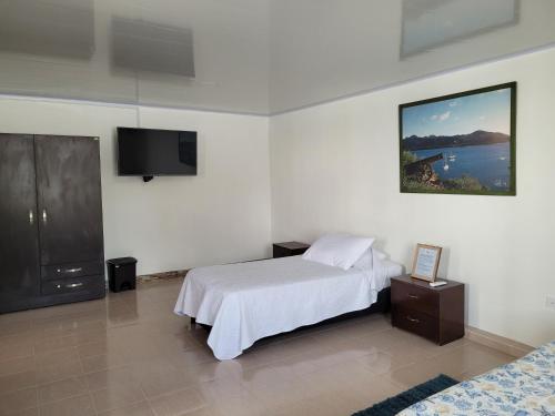 a bedroom with a bed and a flat screen tv at Cabañas y Restaurante Miss Elma in Providencia