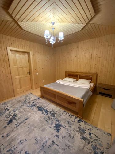 a bedroom with a bed and a chandelier at Villa Filiak in Yablunytsya