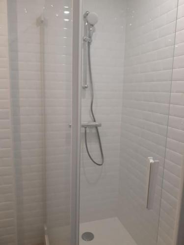 une salle de bain avec une douche avec une porte vitrée dans l'établissement Les cottages du golf à Ploemel, à Ploemel
