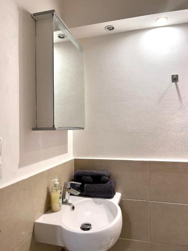 a bathroom with a white sink and a mirror at Quiet apartment close to center in Prague