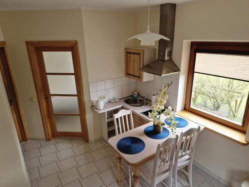uma cozinha com mesa e cadeiras e uma janela em Linos Apartamentai em Druskininkai