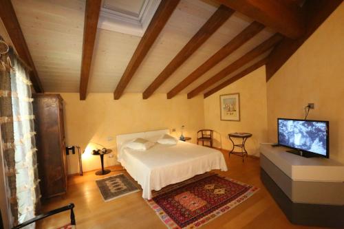 a bedroom with a bed and a flat screen tv at A Casa di Maria in Grinzane Cavour