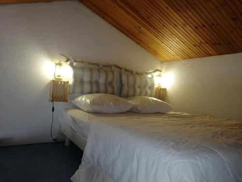 Un dormitorio con una cama con dos luces. en Maison à La Palmyre, proche commerces et plages, en Les Mathes
