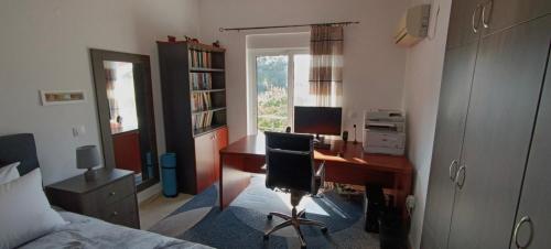 1 dormitorio con escritorio, ordenador y cama en Bouvegio Apartments Giorgos en Afántou