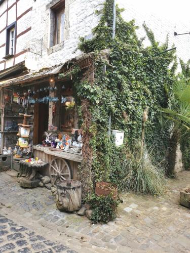 a building with a shop with ivy growing on it at Chalet Het Bosnestje Durbuy in Durbuy