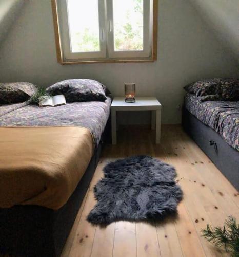 a bedroom with two beds and a rug on the floor at Oaza spokoju w lesie in Stara Kiszewa