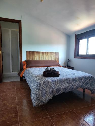 a bedroom with a bed with a blue comforter at Alojamiento Pena da Osa in Sober