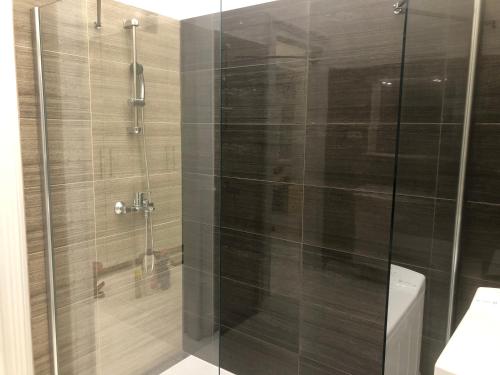 La salle de bains est pourvue d'une douche avec une porte en verre. dans l'établissement Dohány Central Apartment, à Budapest
