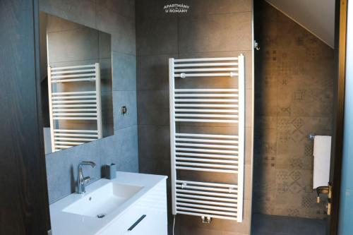 ein Bad mit einem Waschbecken und einem Spiegel in der Unterkunft Apartmány u Romany in Mírkovice