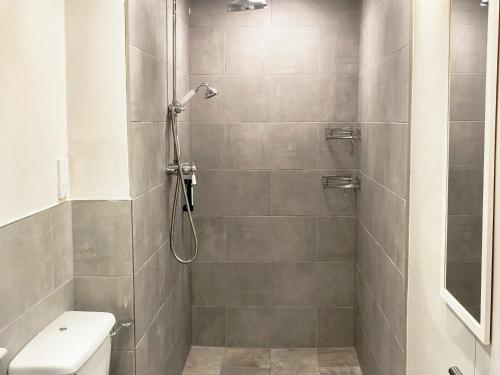 ein Bad mit einer Dusche und einem WC in der Unterkunft Orchard Cottage At Braidwood Castle - Uk10671 in Braidwood