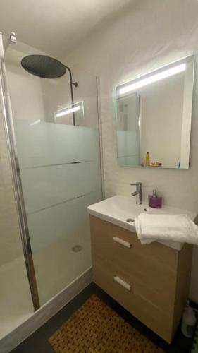 y baño con ducha, lavabo y espejo. en Confortable apartment self check in, en Savigny-sur-Orge