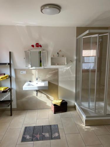 a bathroom with a shower and a sink at Hotel Schwarzer Adler in Heilbad Heiligenstadt