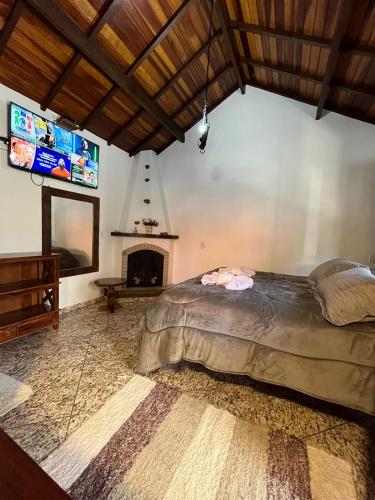 une chambre avec un grand lit et une cheminée dans l'établissement chale ype, à Monte Verde