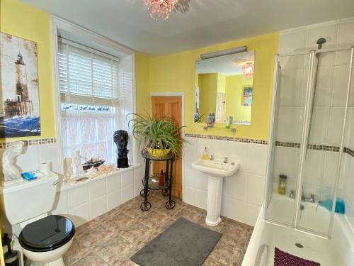 a bathroom with a toilet and a sink and a shower at Lala Mundi in Brading