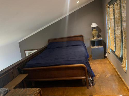 1 dormitorio con 1 cama con edredón azul en Hidden Twins Casitas de montaña de alquiler en Cacheuta