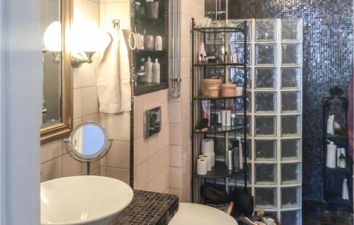 La salle de bains est pourvue d'un lavabo, de toilettes et d'un miroir. dans l'établissement Cozy Home In Skutskr With Outdoor Swimming Pool, à Skutskär