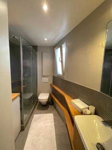 a bathroom with a toilet and a sink and a shower at Superbe studio avec balcon, situé entre 6è et 7è ! in Paris