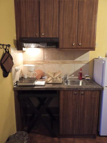 a kitchen counter with a sink and a microwave at Athina-Milina in Milína