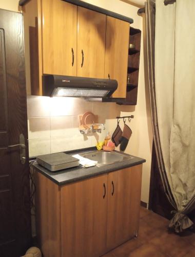 a kitchen with a sink and a microwave at Athina-Milina in Milína