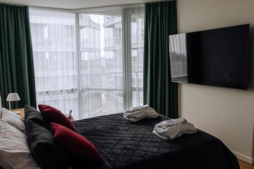 a bedroom with a bed and a large window at Šventoji Elija in Palanga
