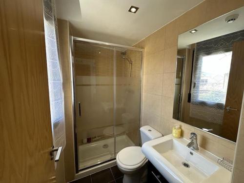 a bathroom with a toilet and a sink and a shower at Best view from Pallars in Talarn