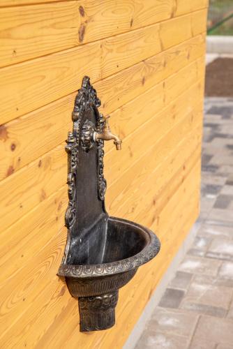 a black toilet attached to a wooden wall at Benige vendégház in Demjén