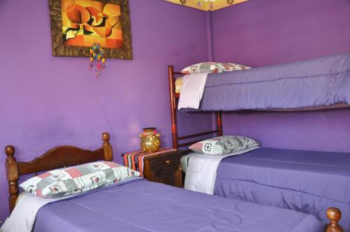 2 literas en una habitación con paredes moradas en Hostel Copacabana La Quiaca en La Quiaca