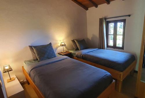 two beds in a room with a window at Quinta Flores in Ferreira do Zêzere