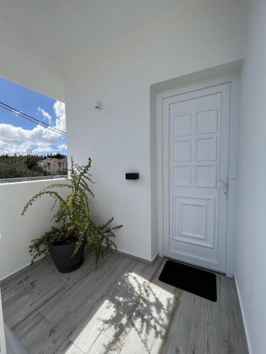 a white door in a white room with a plant at Greco Mare in Kavos
