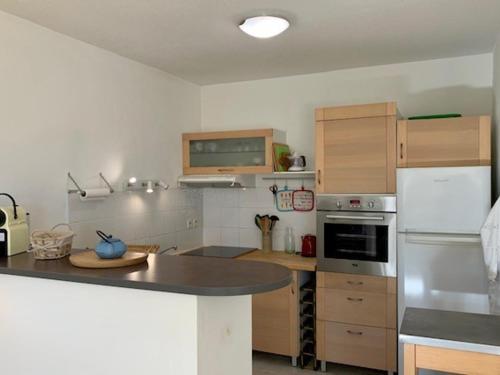 une cuisine avec des armoires en bois et un réfrigérateur blanc dans l'établissement Soleil et détente à Mèze : bel appartement proche plage avec terrasse et jardin - FR-1-604-36, à Mèze