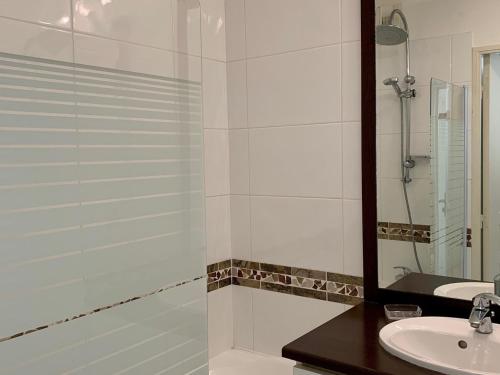 une salle de bain avec une douche, un lavabo et un miroir dans l'établissement Soleil et détente à Mèze : bel appartement proche plage avec terrasse et jardin - FR-1-604-36, à Mèze