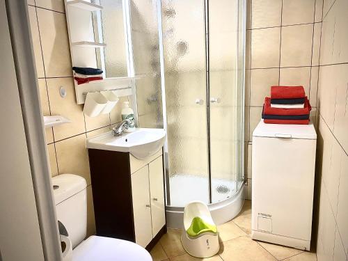 W łazience znajduje się prysznic, toaleta i umywalka. w obiekcie Mieszkanie 2 pok 2 min do morza w mieście Sopot