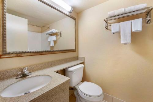 Best Western International Speedway Hotel في دايتونا بيتش: حمام مع حوض ومرحاض ومرآة