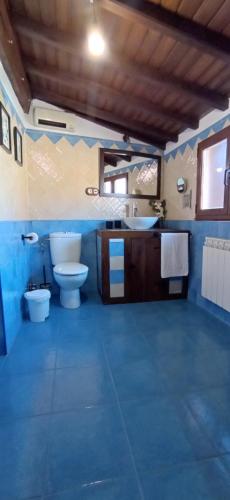 Baño azul con 2 aseos y lavamanos en Buhardilla Ca'tio Celso, en San Esteban de la Sierra