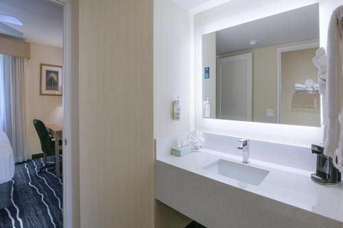 a bathroom with a sink and a large mirror at Ramada by Wyndham Costa Mesa/Newport Beach in Costa Mesa