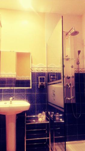 Un pequeño baño con lavabo y ducha. en El Huésped del Sevillano AR, en Lagartera