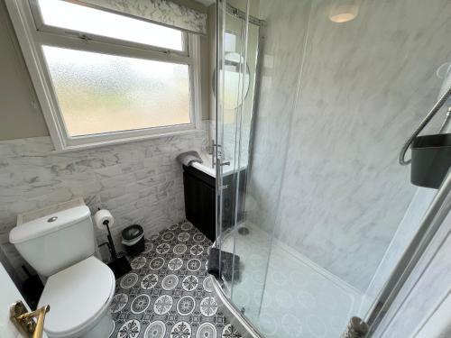 e bagno con servizi igienici e doccia in vetro. di 2 Bedroom Chalet, SB10, Sandown, Isle of Wight, Dog Friendly, Free WiFi a Sandown