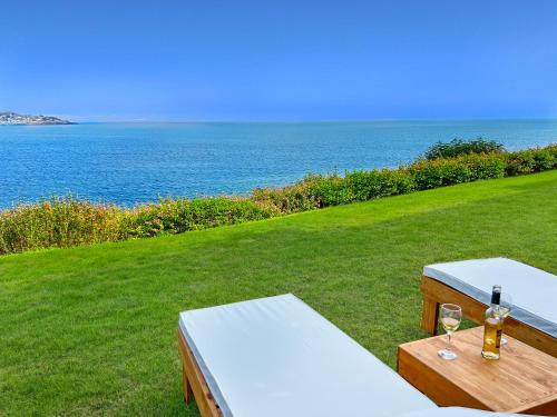 a table with a glass of wine on top of a field at *1era Línea 1er Piso* Jardín, Playa, Piscinas (2p) in Puerto Velero